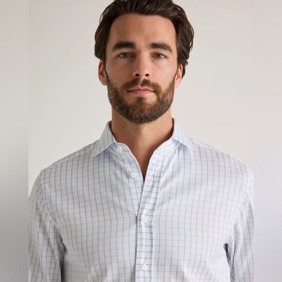 Quince Men’s Organic Cotton Stretch Twill Dress Shirt Light Blue Check Small - Picture 5 of 7